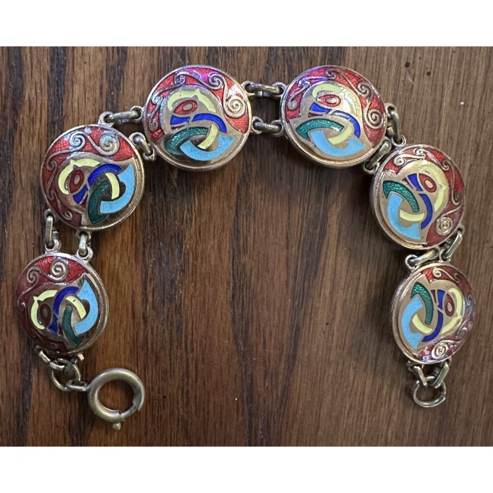 Vintage Goldtone Celtic‎ Tara Ware Colorful Enamel Bracelet 7.5” - Picture 8 of 9